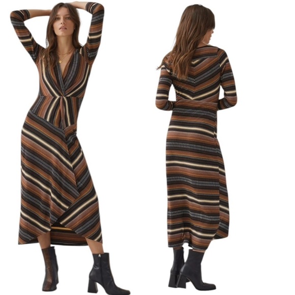 Maeve by Anthropologie Striped Wrap Midi Dress Brown Size XS - Picture 2 of 12